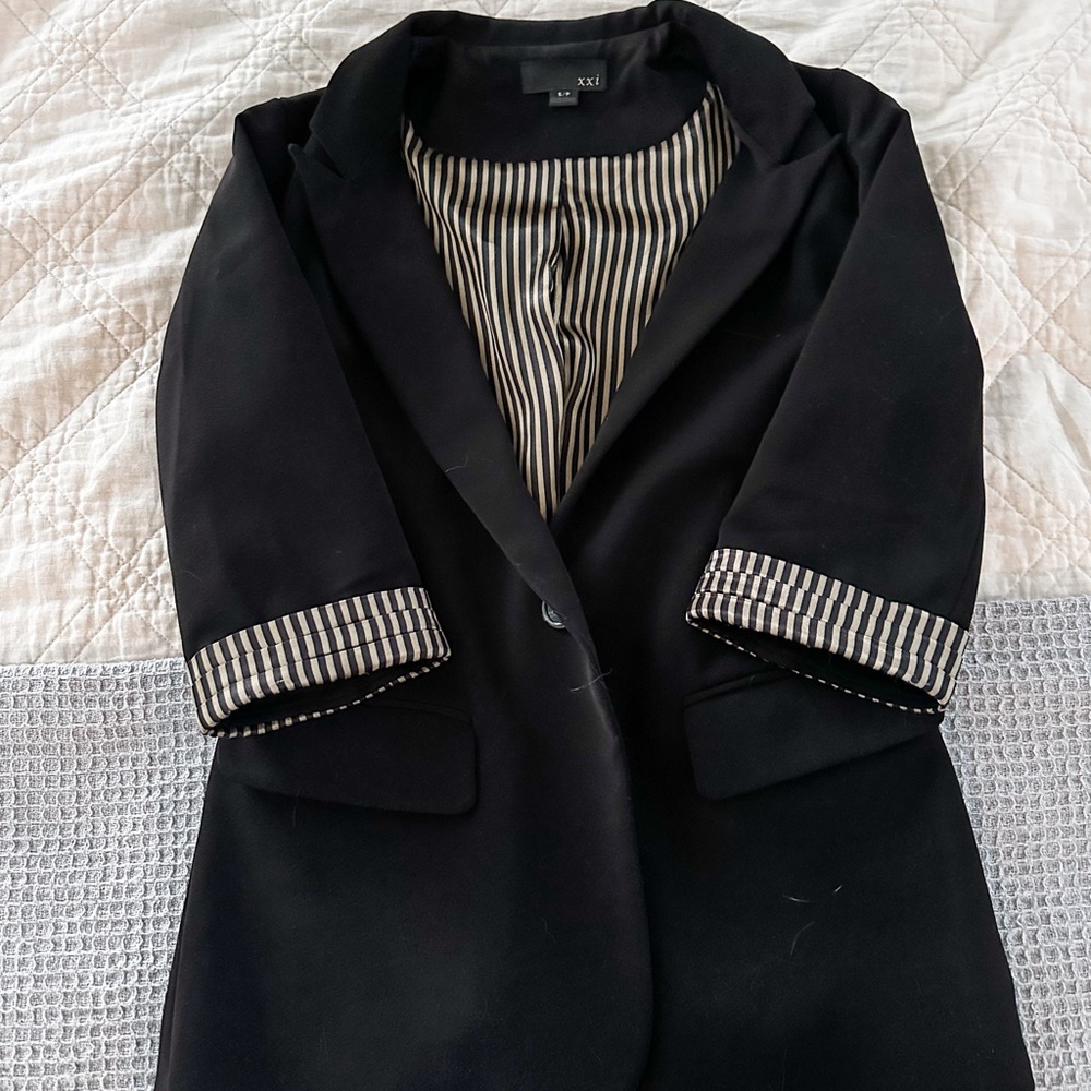 Black Blazer With 3/4 Satin Tan & Black Striped Sleeve